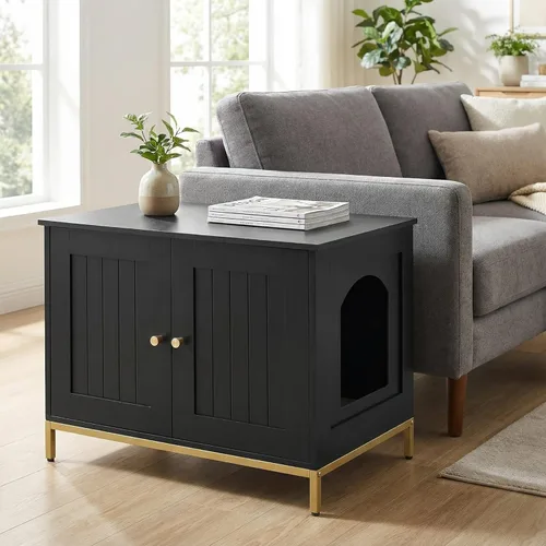 Miniatura 6 de Homhedy Gabinete para Caja de Arena para Gatos, Muebles de Baño para Gatos con Marco de Metal, Casa para Mascotas, Se Adapta a la Mayoría de Cajas