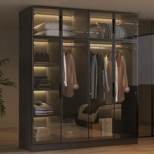Armario de ropa con tiras de luz LED, moderno armario con puertas de vidrio, armario grande de 59.1" de ancho para dormitorio con estante y varillas