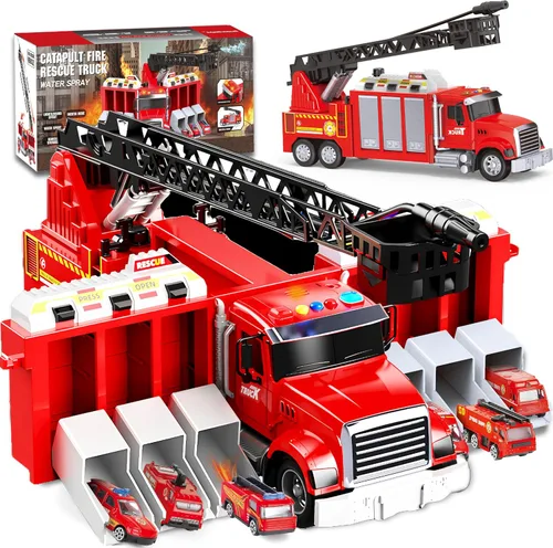 Juego de camiones de bomberos de accionamiento inercial de 27 + pulgadas, escalera elevable/aspersor de agua giratorio de 180°, 6 juguetes de