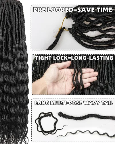 Miniatura 3 de Cabello de Ganchillo Faux Locs de Onda Profunda - 24 Pulgadas 8 Paquetes Pre-Enrollado Negro Natural 112 Hebras Extensiones de Cabello Sintético