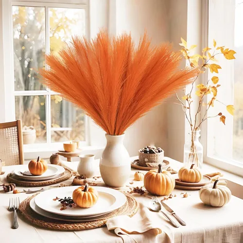 Miniatura 4 de obbsie 50 piezas de decoración de hierba de pampa falsa naranja quemado, 21.6 pulgadas de hierba pomposa artificial corta de otoño, ramas de hierba