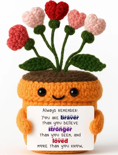 Miniatura 11 de MAMAGIFTREE Planta en maceta de ganchillo a mano con tarjeta I Love You More – Divertido ramo de corazón romántico, regalo eterno hecho a mano