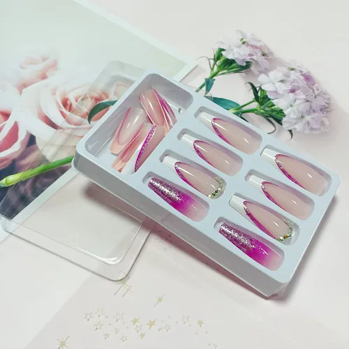 Miniatura 4 de Uñas largas a presión, uñas postizas cuadradas de punta francesa, uñas acrílicas, punta de ataúd, uñas adhesivas de cobertura completa, uñas