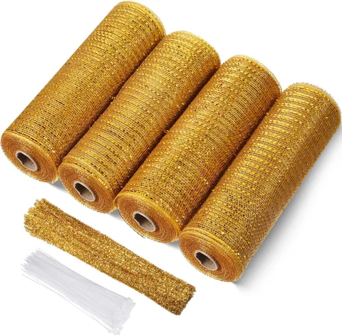 Funtery 4 Rollos de 40 Yardas de Cinta de Malla Decorativa de Navidad, Cinta de Malla Decorativa con Tallo de Chenilla y Abrazaderas de Plástico