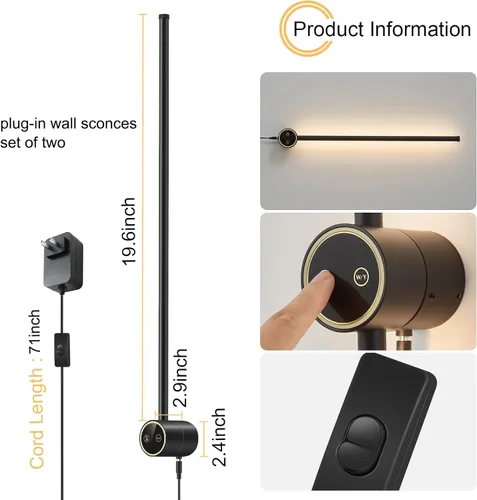 Miniatura 3 de Juego de 2 apliques de pared, 22 pulgadas, LED regulable, apliques de iluminación de pared negro mate, lámpara de pared moderna de 9 W, para sala