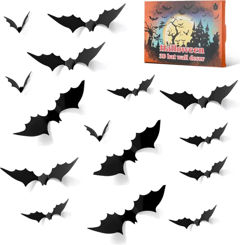 Decoración de murciélago de Halloween, 120 calcomanías realistas de PVC negro 3D de terror, 4 tamaños de decoraciones de pared de Halloween,