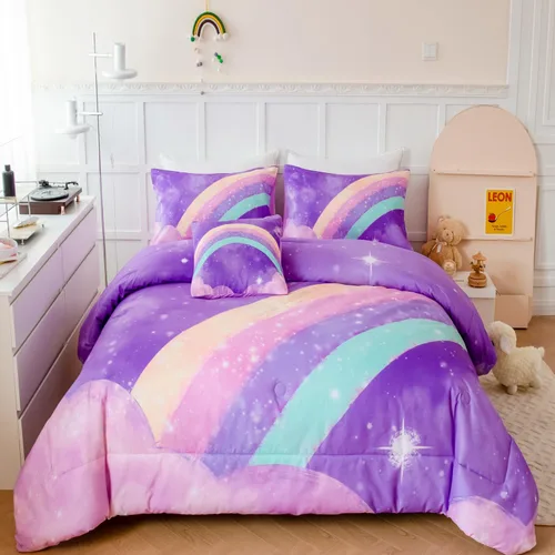 Miniatura 18 de ANGIYUIN Juego de Edredón Tie Dye Arcoíris Azul Tamaño Queen 6 Piezas Degradado con Purpurina Cama en una Bolsa para Niñas Juego de Ropa de Cama Tie