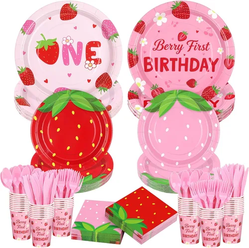 Miniatura 14 de Kochorie 400 piezas de decoraciones de fiesta de feliz cumpleaños, incluyendo platos de papel desechables, vasos, servilletas, juegos de vajilla que