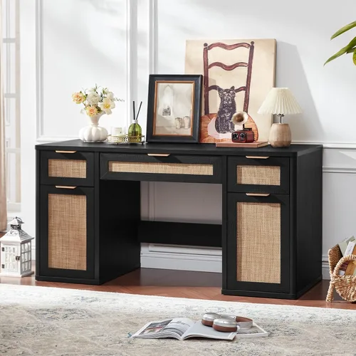 Miniatura 3 de LEYAOYAO Office Desk 56" with 5 Drawers Storage File Cabinet Rattan Wood Desk for Computer Office Bedroom Home Furniture Black