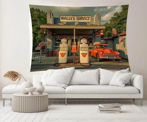 Miniatura 2 de Telón de fondo retro para gasolinera de 5 x 3 pies, estación de servicio de Wally, bombas de gas, bandera de Estados Unidos, flor, autopista, tienda