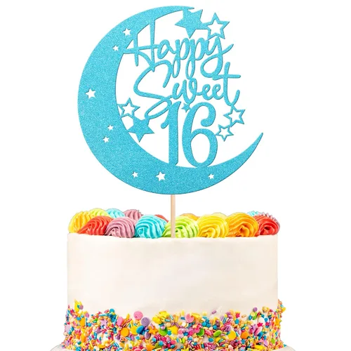 Miniatura 13 de 1 pieza de decoración de pastel de 16 años con purpurina de luna y estrella de luna feliz 16 cumpleaños, decoración para tartas de cumpleaños de 16
