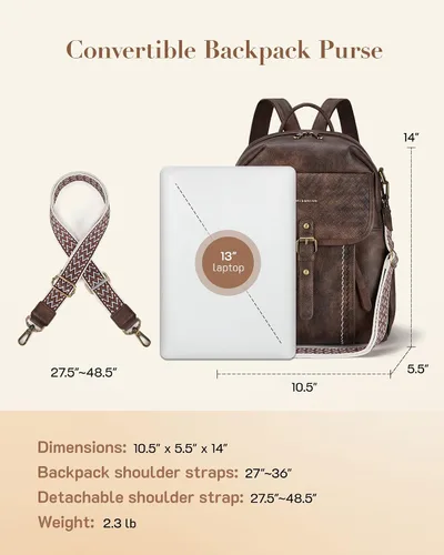 Miniatura 6 de Missnine Mochila de cuero para mujer, mochila antirrobo, bolsa de hombro convertible con cremalleras seguras para viajes y trabajo, Café, Vintage