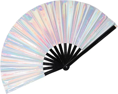 Miniatura 12 de Ventilador de mano plegable grande para hombres y mujeres, ventilador holográfico para mujeres, fiesta de baile, festivales, Halloween, EDM