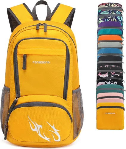 FENGDONG mochila ligera plegable impermeable de 35L, mochila de senderismo pequeña para viajes, para hombres y mujeres A10-amarillo