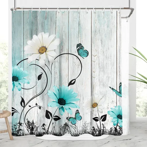 Miniatura 14 de AAtter Cortina de ducha floral azul rústica boho gris blanco amarillo margarita naturaleza negro botánico telón azul verdoso turquesa tela única