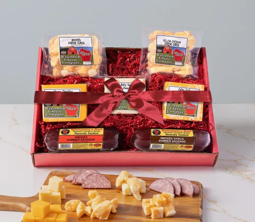 Miniatura 2 de Wisconsin Cheese Company - Caja de regalo enorme de queso y embutidos de Wisconsin Bloque de queso, cuajada y salchicha de regalo Perfecto