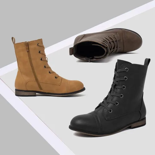 Miniatura 6 de katliu Botas de combate para mujer con cordones estilo militar con cremallera lateral puntera redonda