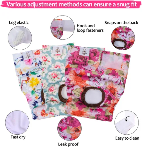 Miniatura 2 de CuteBone - Pañales para perros hembra, 3 unidades reutilizables con un suspender para perritas pequeñas, medianas y grandes, período BDD02S