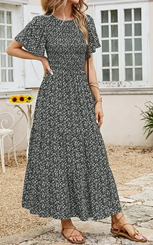 Miniatura 7 de PRETTYGARDEN - Vestido largo casual de verano para mujer, manga corta acampanada, bohemio, floral, cuello redondo, vestido blusón, escalonado