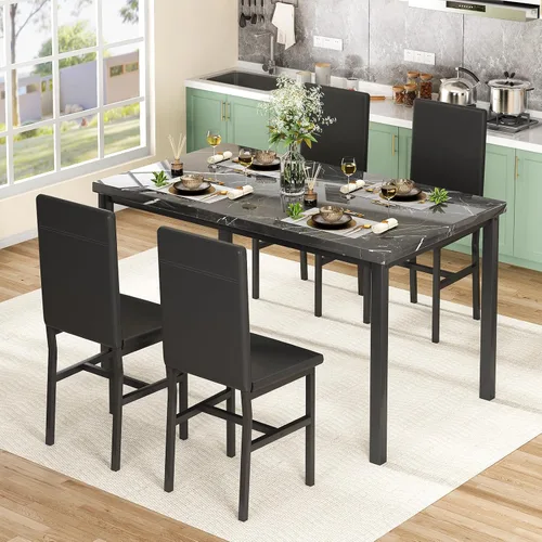 Miniatura 2 de Juego de mesa de comedor para 4, juego de comedor de mármol sintético de 5 piezas, 4 sillas tapizadas de poliuretano, muebles de mesa de cocina Negro