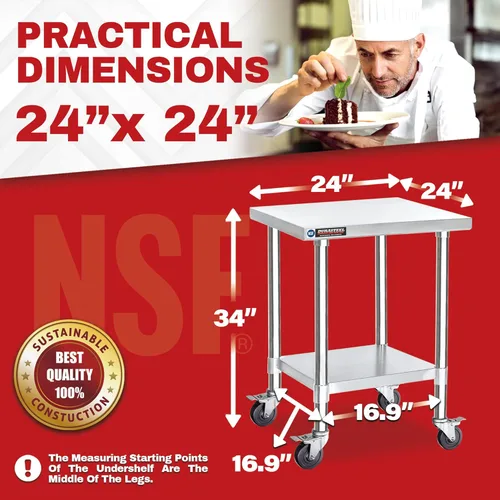 Miniatura 2 de DuraSteel 24x24 NSF Mesa de trabajo en carro de acero inoxidable - Mesa de preparación de alimentos resistente con ruedas - Carro utilitario
