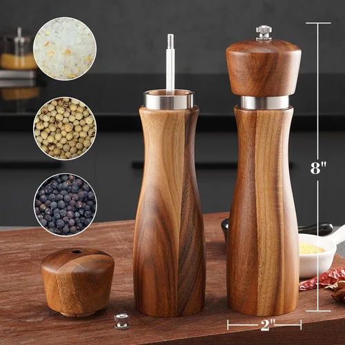 Miniatura 2 de Rectificadora de sal y pimienta de madera de acacia, molienda de cerámica duradera, máquina de pulir manual de anillo de acero con grosor ajustable