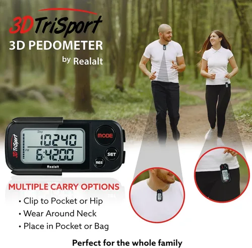 Miniatura 5 de Realalt 3DTriSport 3D Walking Pedometer with Clip & Strap, Accurate Step Counter with 30-Day Memory, Distance in Miles/KM with Large Display Perfect