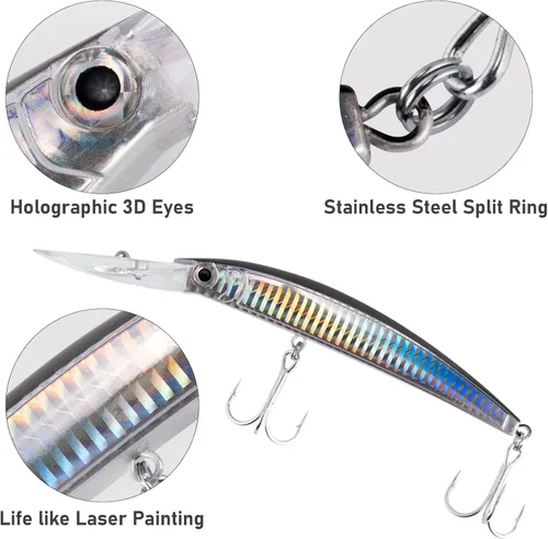 Miniatura 4 de Dr.Fish Paquete de 3 señuelos de pesca de 13 pies de profundidad para buceo de agua salada, señuelos de pesca de agua dulce, tapones de pesca