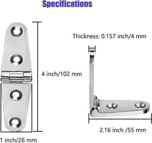 Miniatura 2 de Bisagras de barco resistentes de acero inoxidable de grado marino, 4 pulgadas x 1 pulgada (4.016 in x 1.024 in), sin ruido, acero inoxidable 316