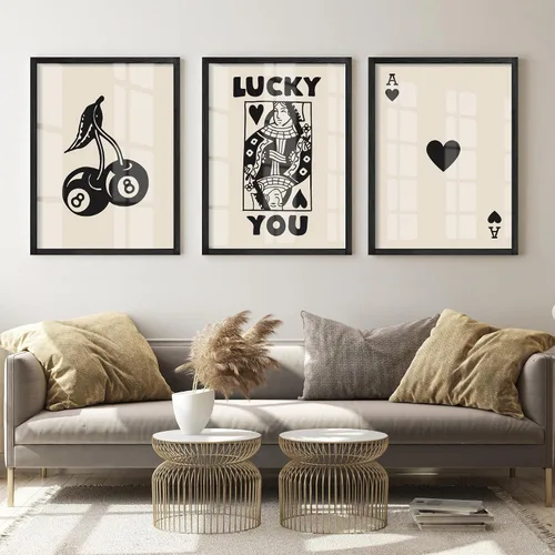 Miniatura 7 de Heiple Juego de 3 carteles enmarcados de póquer para pared, diseño retro de moda, decoración de pared para reina de corazones, arte de pared Negro