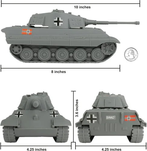 Miniatura 2 de BMC WWII Tanque de juguete gris alemán rey tigre a escala 1:32 para figuras de soldado de hombres del ejército de 2.126 in