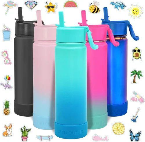 Miniatura 13 de CHILLOUT LIFE - Botella de agua aislada de 17 onzas con tapa con pajilla para niños, a prueba de fugas y bonitas calcomanías impermeables, termo