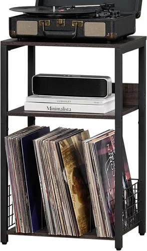 Miniatura 9 de LELELINKY Mesa auxiliar de roble nogal de 18 pulgadas de ancho, soporte para tocadiscos grande de 3 niveles con almacenamiento de hasta 130 álbumes