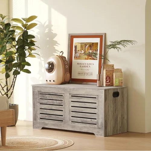 Miniatura 2 de DINZI LVJ Cofre de almacenamiento, caja de juguetes de madera de 39.4” con 2 bisagras de seguridad, banco de almacenamiento de zapatos retro