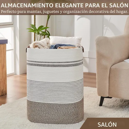 Miniatura 7 de AINUOQI Cesta de lavandería – Cesta alta de cuerda tejida para ropa sucia – Cesta de ropa con asas de cuero, 17 x 13.8 x 22 pulgadas, cesta de Arroz