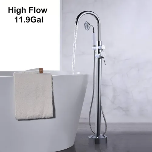 Miniatura 3 de Grifo de bañera montado en el piso, grifos de llenado de bañera independientes cromado alto caudal 11.9GPM con montaje de ducha manual RIGOBAL