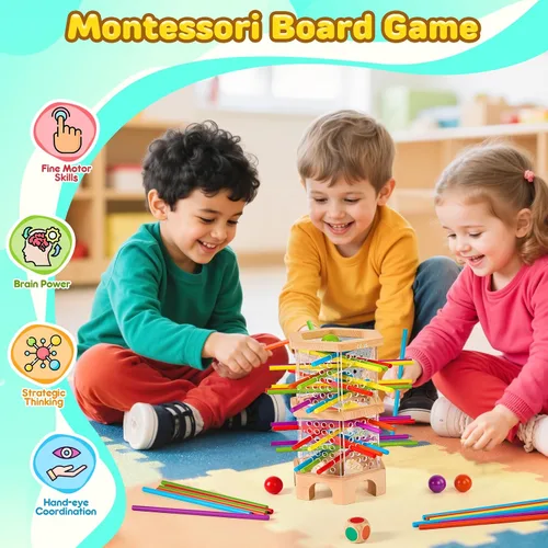 Miniatura 2 de Juego de mesa de madera Montessori, 42 dados de palos coloridos para niños de 3, 4, 5, 6 años, juguetes matemáticos educativos para habilidades