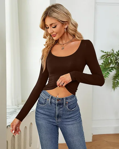 Miniatura 7 de Ficerd 3 piezas de camisetas cortas básicas de manga larga para mujer, ajustadas, cuello redondo, color liso, casual, para mujer