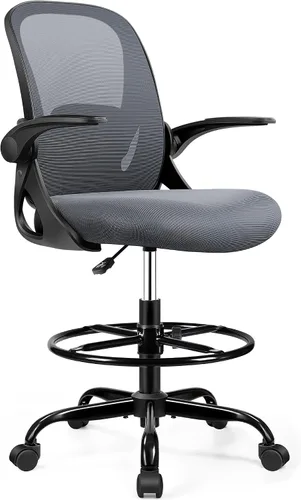 Miniatura 8 de Silla de dibujo alta de oficina con reposabrazos abatibles, altura ajustable, soporte lumbar mejorado, taburete ergonómico con ruedas, soporte