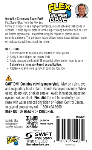 Miniatura 3 de Flex Super Glue Líquido, Botella de 20 Gramos, Pack de 2, Transparente, Enlace Instantáneo, Secado Rápido, Adhesivo de Cianoacrilatos, Punta