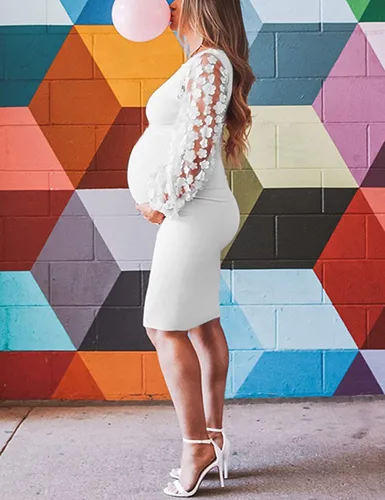 Miniatura 2 de Vestido de maternidad con mangas de obispo de malla floral fruncido lateral elegante vestido midi ajustado para baby shower sesión de fotos casual