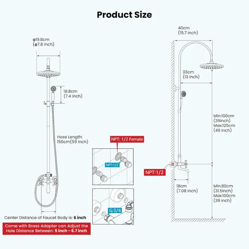 Miniatura 7 de gotonovo Grifo de ducha de baño expuesto, sistema de ducha montado en la pared, cabezal de ducha de 8 pulgadas y boquilla de bañera, asas cruzadas