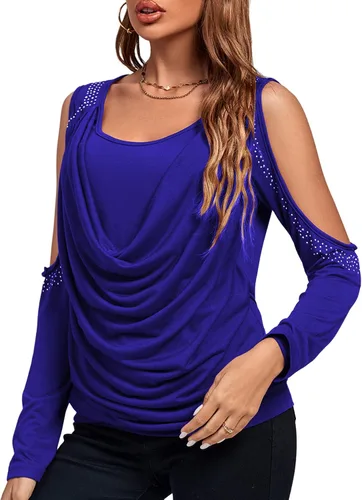 Miniatura 3 de Rooscier Blusa de manga larga con cuello vuelto y hombros descubiertos para mujer