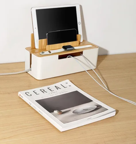 Miniatura 6 de Caja de organización de cables con tapa de madera, organizador multidispositivo para teléfonos/tabletas/relojes inteligentes, organizador de cables