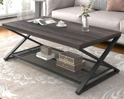 Miniatura 15 de LVB Mesa de café rústica, mesa de cóctel de té de madera y metal industrial de 2 niveles con almacenamiento para sala de estar, mesa central Marrón