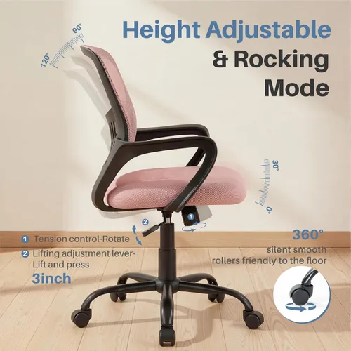 Miniatura 8 de DUMOS Silla de oficina en casa – Silla de escritorio ergonómica de malla con respaldo medio con soporte lumbar y modo mecedor, altura ajustable