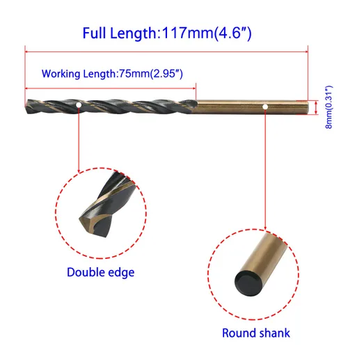 Miniatura 2 de 5 piezas HSS 5/16" pulgadas (0.315 in) Metric Gold Cobalt Titanium de acero de alta velocidad Twist Broca helicoidal, adecuada para hierro fundido