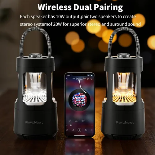 Miniatura 2 de Revonext - Linterna de campamento con altavoz Bluetooth, altavoz inalámbrico impermeable para exteriores con luz ambiental de doble color, altavoz