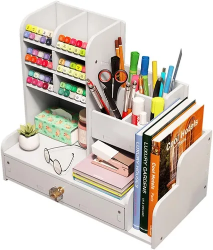 Hggzeg Organizador de escritorio para bolígrafos, organizador de papelería con cajones y 2 soportes para archivos, almacenamiento de suministros de