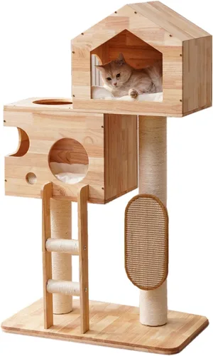 SHENGOCASE Moderno castillo grande de madera maciza de goma maciza para gatos con cama grande cerrada, condominio, poste rascador y rascador de
